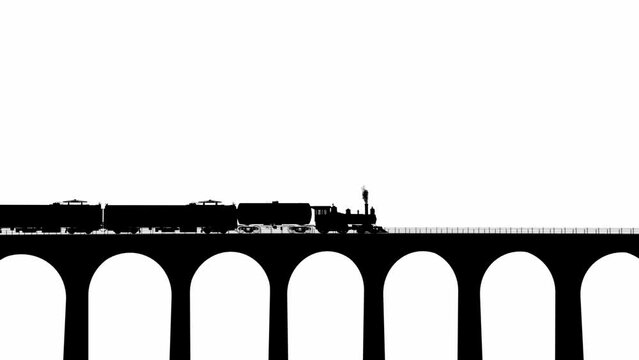 Silhouettes of freight train on the bridge on a white background. Locomotive with barrels and wagons crossing the bridge.