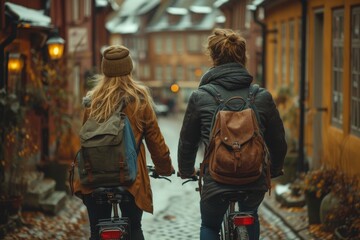 Obraz premium Amidst the bustling city streets, two women brave the chilly winter air on their bicycles, clad in warm jackets as they pass by buildings and sidewalks