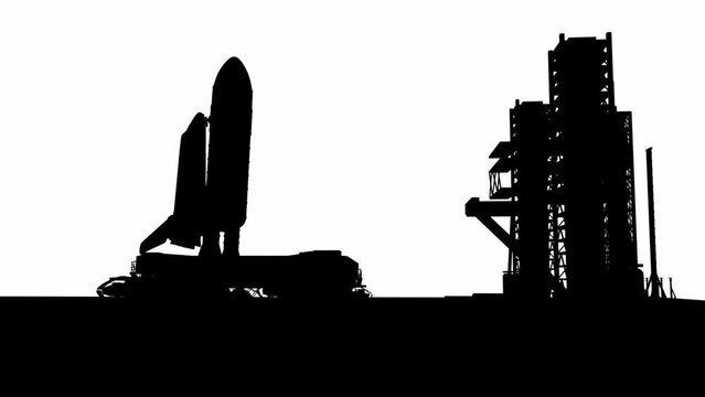 Silhouettes of rocket on a starter mechanism on a white background. Space shuttle on a trail trek on setting glowing.