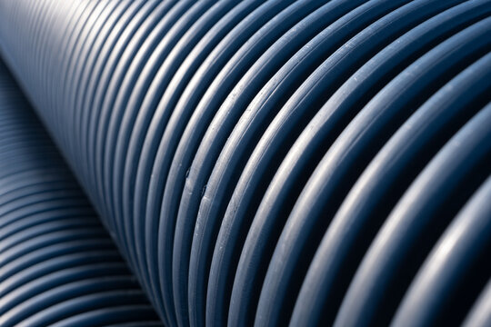 Close-up view on black plastic corrugated drain pipe ribs texture.