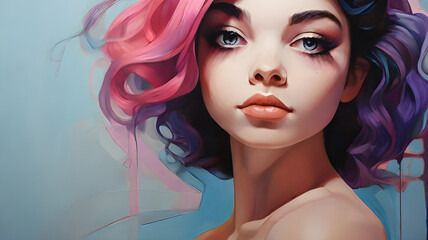 Vibrant Portrait: Blue, Pink, Purple Stripling Girl