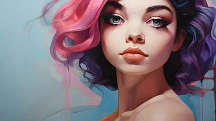 Obraz premium Vibrant Portrait: Blue, Pink, Purple Stripling Girl