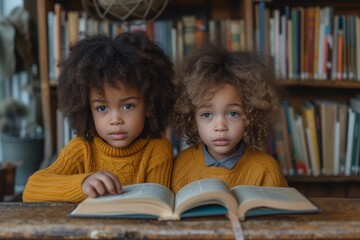 Two curious toddlers, one girl and one boy, sit in a cozy library surrounded by towering bookcases, engrossed in a colorful storybook as they explore the world of imagination through reading
