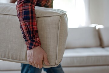Man carrying sofa while moving into new home