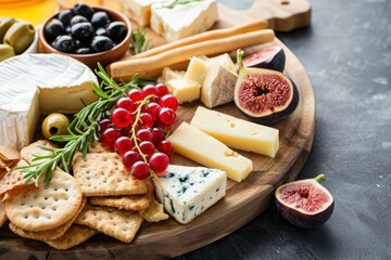 Elegant cheese board with pecorino brie and goat cheese served with crackers and breadsticks accompanied by figs jam olives and berries - Powered by Adobe