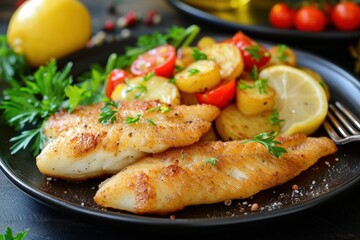Fried fish fillet with veggies