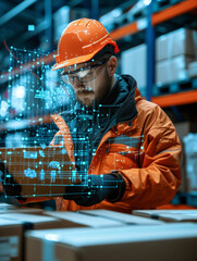Warehouse Worker with Digital Inventory.
Worker with hard hat checking inventory on a digital tablet in a warehouse.
