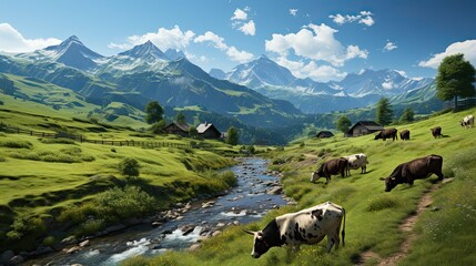 Secluded organic meadow where cows graze amidst pristine nature, free from the use of chemicals and pesticides, Generative AI