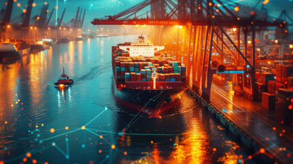 Fototapeta premium Illuminated Cargo Port at Dusk. Container ship in export and import business and logistics at port.