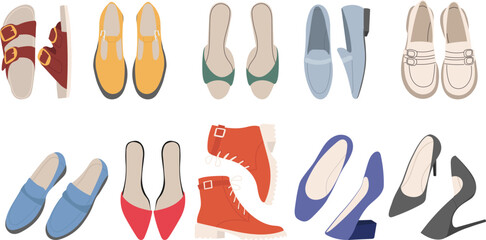 set of women's shoes on a white background, vector