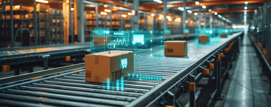 Futuristic Conveyor System with Smart Technology in a Distribution Warehouse.
Automated warehouse logistics with digital tracking interface.