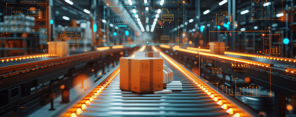Fototapeta na wymiar Dynamic Warehouse Conveyor System in Illuminated Facility. Automated conveyor with boxes in an illuminated warehouse.