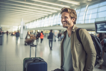 male passenger holding luggage at the airport bokeh style background