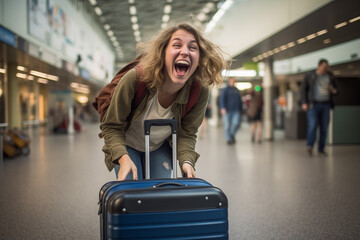 female passenger holding luggage at the airport bokeh style background