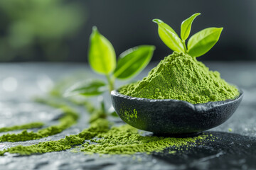 Green tea matcha close-up. Dry green tea. Macro of a match. Powder, match tea. Bamboo Matcha Tea Whisk also know as chasen. japan green match tea