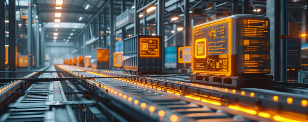 Fototapeta na wymiar Futuristic Automated Warehouse Technology. High-tech conveyor systems in a modern automated warehouse.