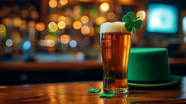 Glass of delicious beer on bar counter with green leprechaun hat, st. patrick's day celebration