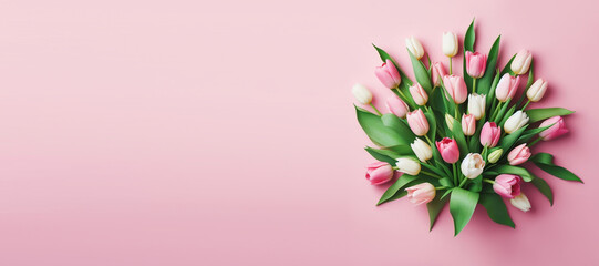 A bunch of tulips isolated against a pink background. - obrazy, fototapety, plakaty