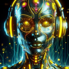 Neon 3D image of would a bionic woman from the future be realistic.