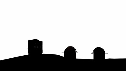 Silhouettes of Cosmos satellite station with telescope observatories on a white background. Astronomical observatories in the desert land.