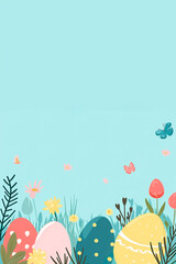 Drawn Easter eggs with a pattern in the grass on a blue sky background