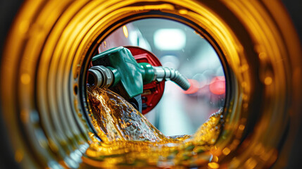 filling Oil Gas Fuel at station. Gun petrol in the tank to fill. Pumping gasoline fuel in car at gas station. 