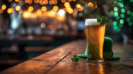 Glass of delicious beer on bar counter with green leprechaun hat, st. patrick's day celebration - obrazy, fototapety, plakaty