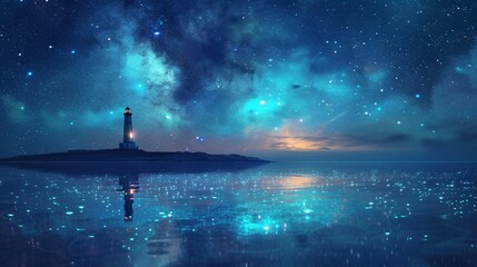 Fototapeta na wymiar Lighthouse under a Starry Night Sky with Celestial Reflections