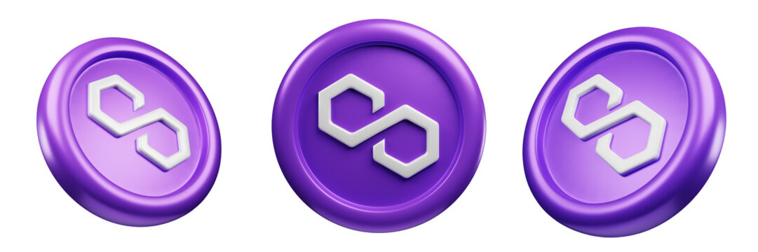 Polygon or MATIC Puprle Coin 3d Set rendering cryptocurrency illustration cartoon style, blockchain or cryptocurrency design theme