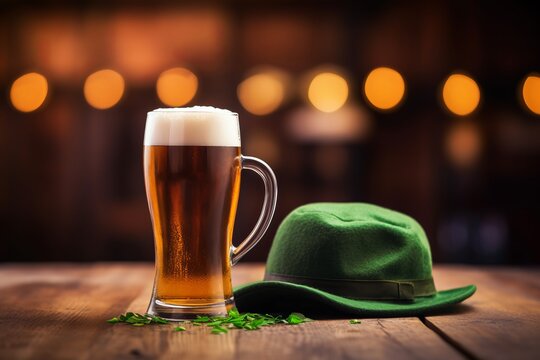 Glass of delicious beer on bar counter with green leprechaun hat, st. patrick's day celebration