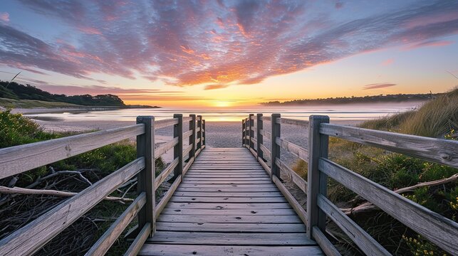 Panoramic view of the footbridge on the beach at sunrise
