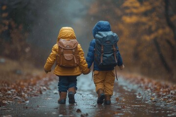 Two children stand on a snowy road, bundled in jackets and sturdy footwear, braving the winter weather with determination and curiosity - obrazy, fototapety, plakaty