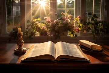 This skillfully composed photograph captures the fine details of an open Bible on a carefully arranged surface