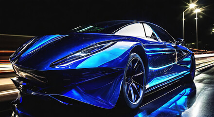 Elegant, futuristic, shiny car of the future, red tail lights - obrazy, fototapety, plakaty