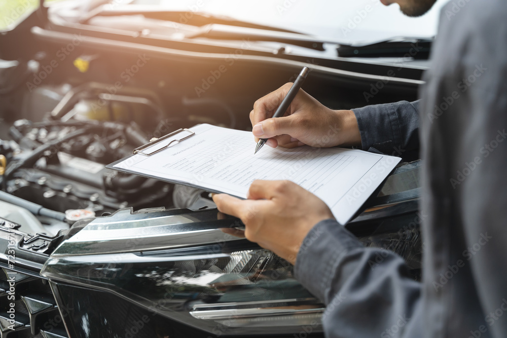 Wall mural Auto check up and car service shop concept. Mechanic writing job checklist to clipboard to estimate repair quotation to client at workshop garage.