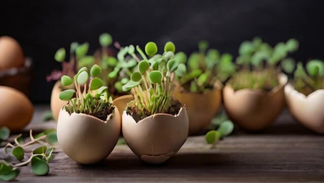 Easter eggs with microgreen on brown wooden table, black background. Happy Easter. Zero waste