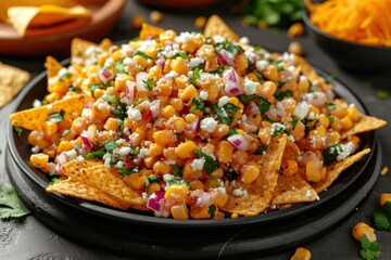 Mexican corn salad in a black platter with cheese and nacho chips