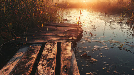 swamp pier , reflection of the sun