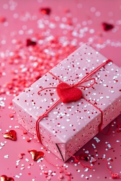 Close up pink gift on pastel pink background among heart-shaped confetti. Valentine's day, romance, love, wedding anniversary concept with copy space.
