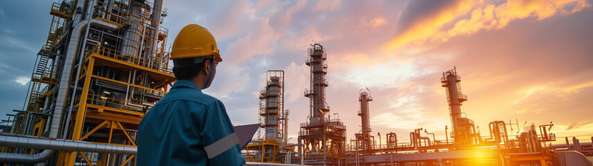 An engineer with a clipboard in hand assesses the sprawling oil refinery operations as the day ends. - obrazy, fototapety, plakaty