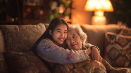 Asian grandmother and her granddaughter embracing sitting on sofa in dusk room with artificial lighting happily smiling