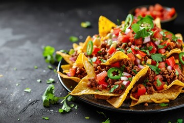 Mexican food concept Loaded minced pork nachos side view black wall background space for text - obrazy, fototapety, plakaty