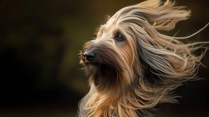 Naklejka na ściany i meble A dog with long hair blowing in the wind in style of fashion editorial. Dog coat on dark background.