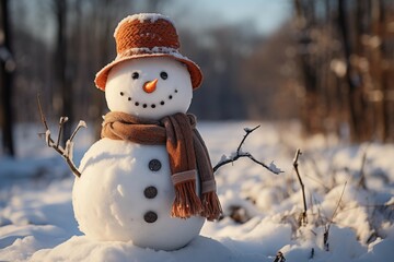 Fototapeta premium Cheerful snowman in hat and scarf standing on forest background on sunny winter day
