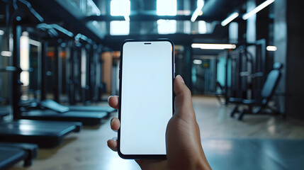 Hand holding an isolated smartphone device with blank empty white screen in a gym, sport communication technology concept - obrazy, fototapety, plakaty