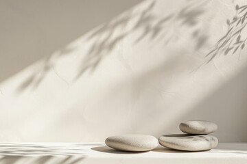 Minimalistic beige background with pebbles and leaves shadows on concrete wall. Modern mockup backdrop in neutral colors.