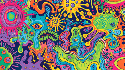 A 70s psychedelic style illustration of viruses, inspired by the vibrant color scheme