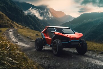 A rugged all-terrain vehicle cruises through the mountainous landscape, its tires gripping the rough terrain as it speeds down the dirt road, the red and blue design of the vehicle standing out again