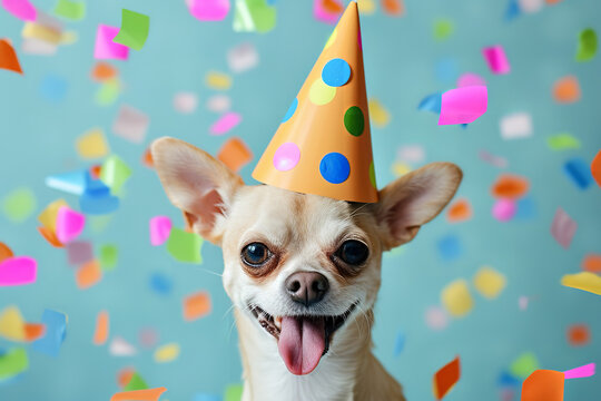A photograph of a joyful cute Chihuahua dog wearing a colorful birthday hat, with a tongue out in a happy expression