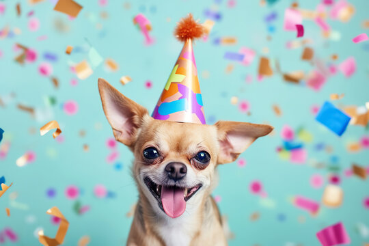 A photograph of a joyful cute Chihuahua dog wearing a colorful birthday hat, with a tongue out in a happy expression
